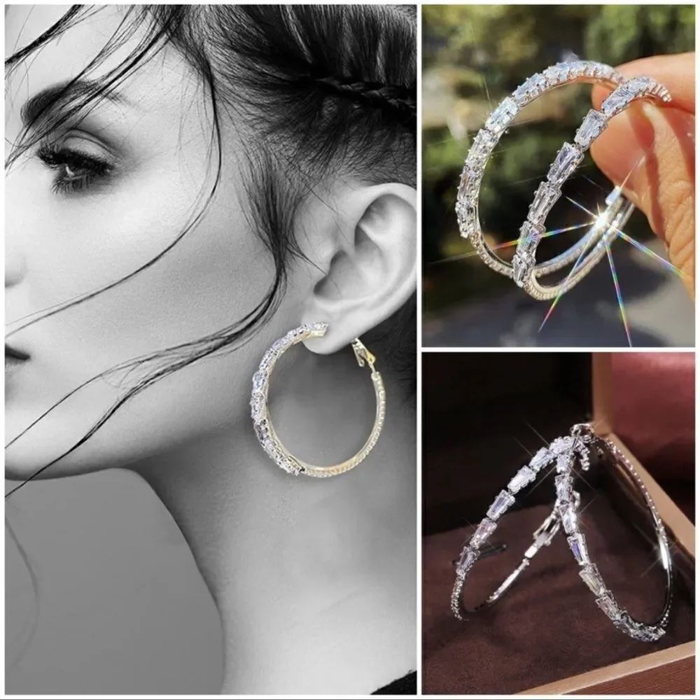 Brand New Crystal Gold Tone Hoop Earrings
